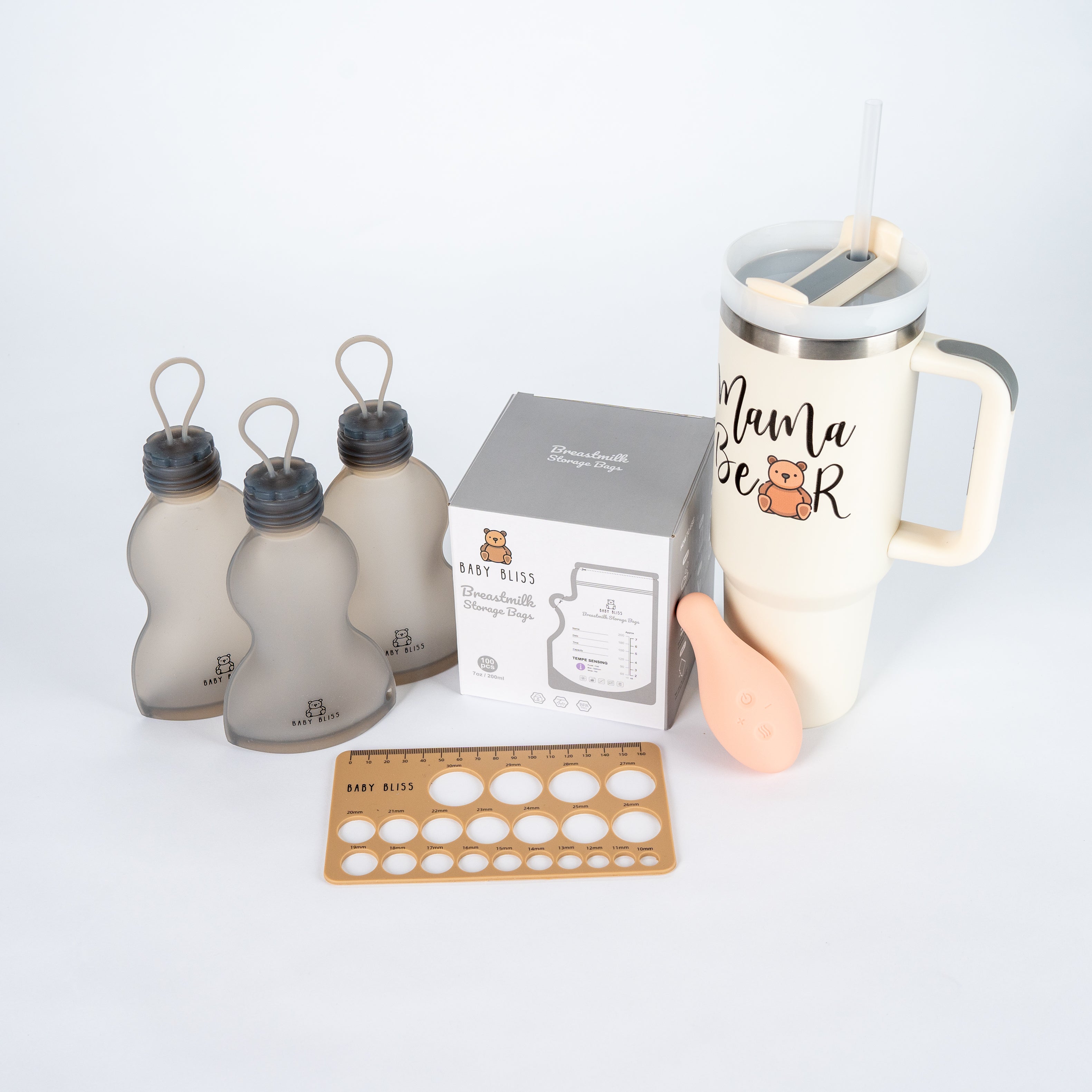 Breastfeeding Essentials Set with Milk Storage Bags, Flange Ruler, Lactation Massager & Hydrating Tumbler