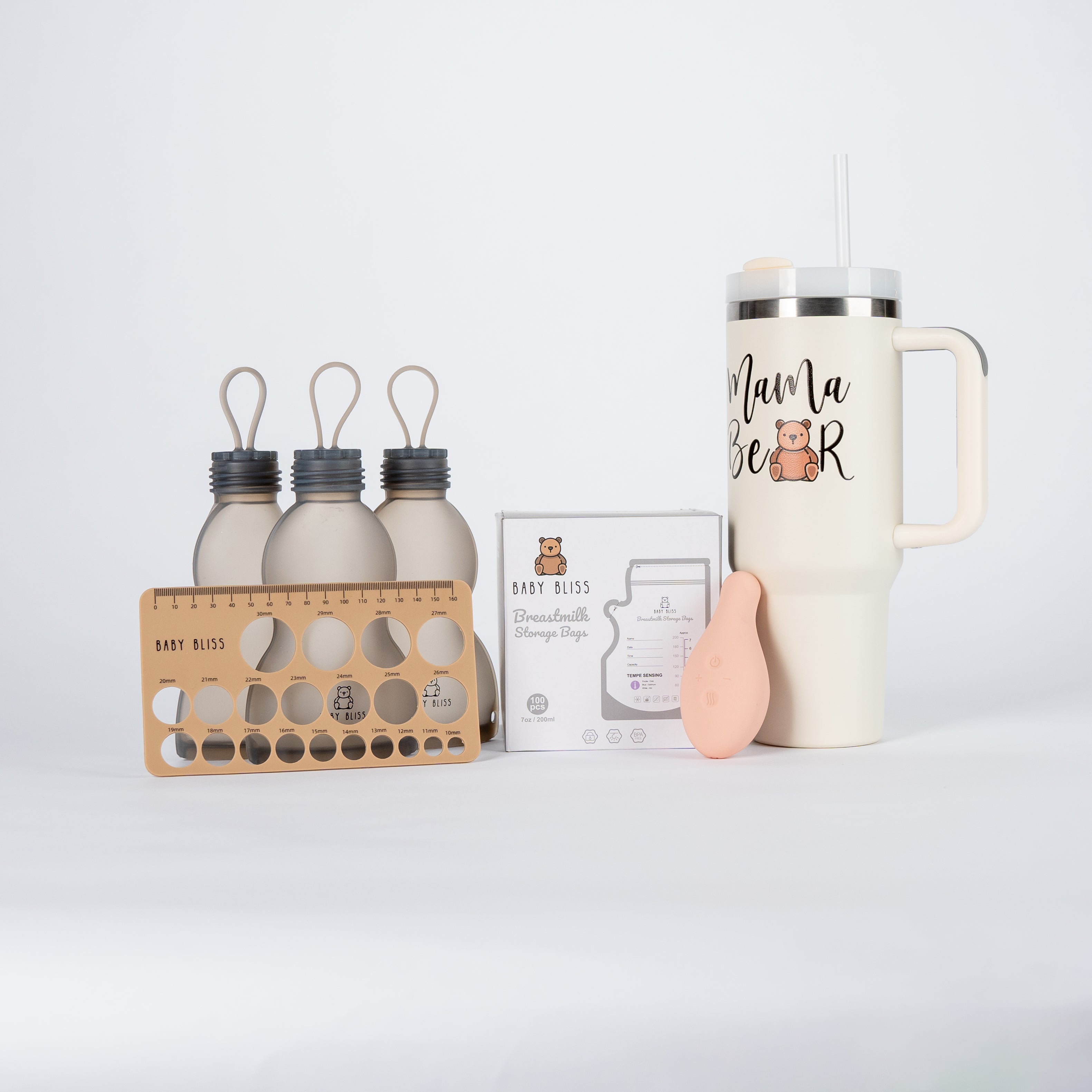 Breastfeeding Essentials Set with Temperature-Sensing Storage Bags, Reusable Milk Bags, Hydrating Tumbler, Lactation Massager & Flange Ruler