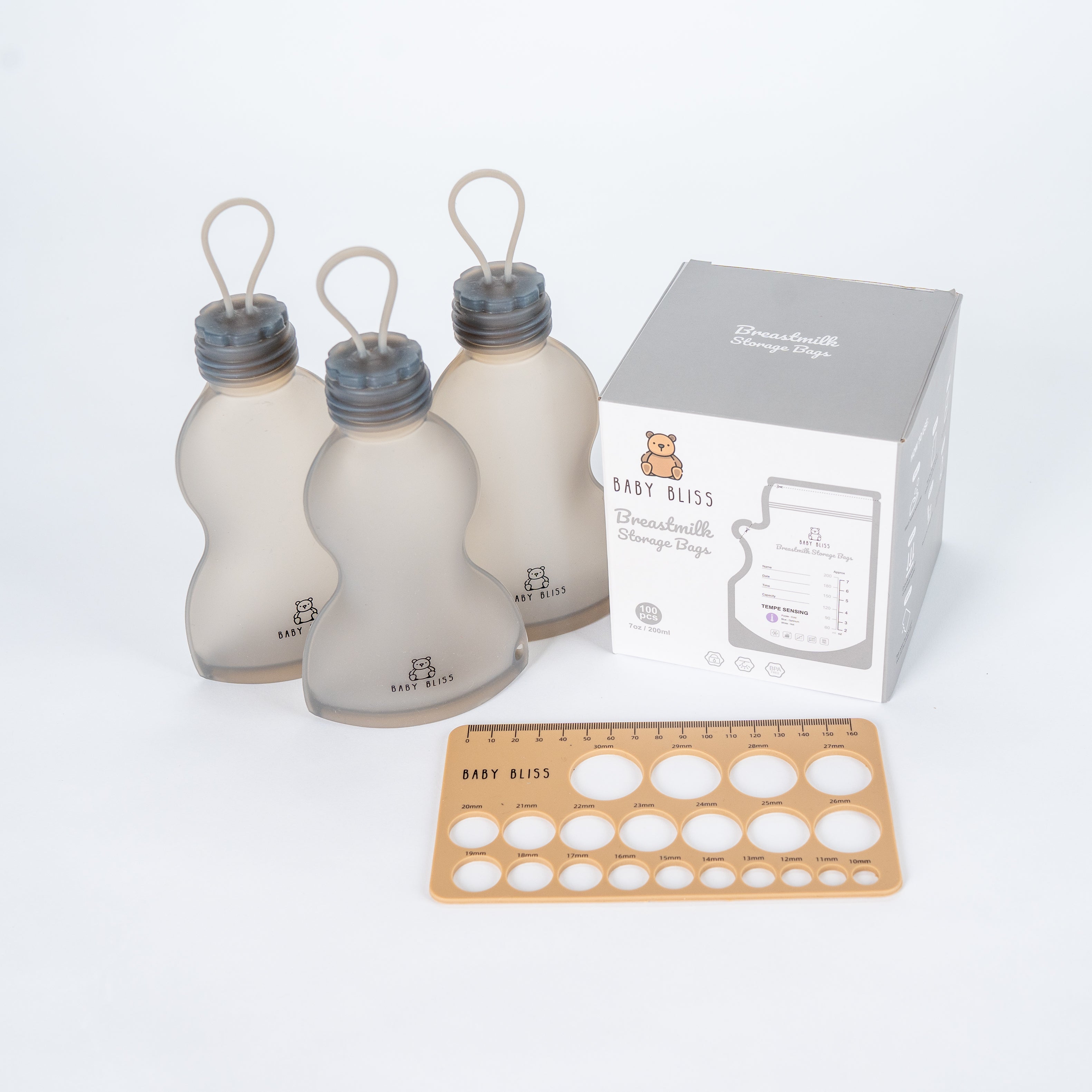 Breastfeeding Essentials Set with Temperature-Sensing Milk Bags, Reusable Storage Bags (3-Pack) & Flange Silicone Ruler